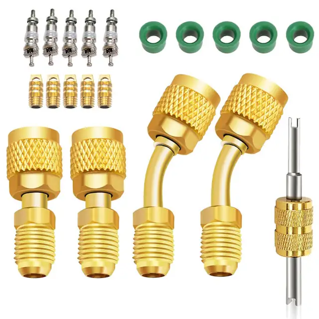 Set adaptor pentru aer conditionat, TREXORA, 2 conectori din alama, 5 nuclee de supapa, aurii