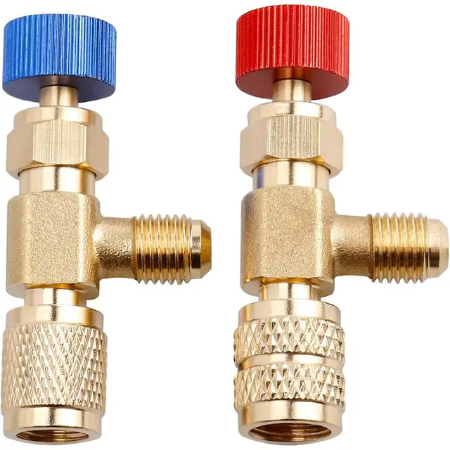 Set de 2 piese (una rosie, una albastra): Ansamblu supapa de incarcare agent frigorific, adaptor cu filet interior, supapa de control al agentului frigorific si supapa cu bila de control al sigurantei, potrivita pentru distribuitoarele de aer conditionat