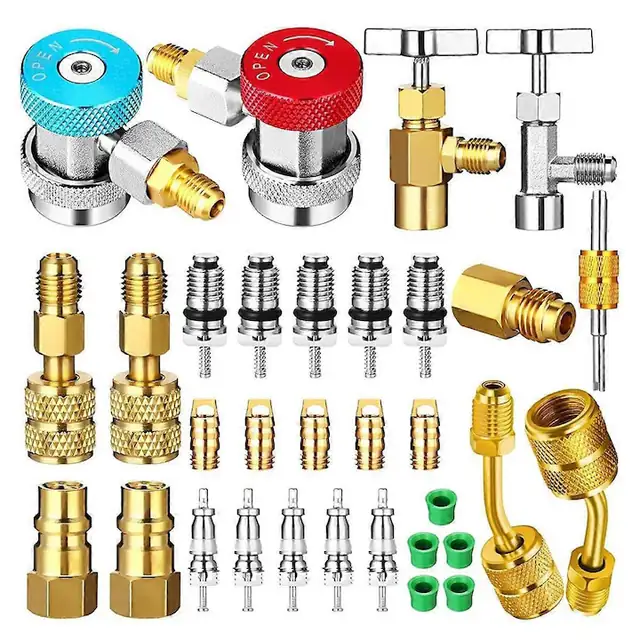 Set accesorii adaptori R134A, 32 piese, pentru sistem climatizare, inclusiv robinet si valve de siguranta, aluminiu