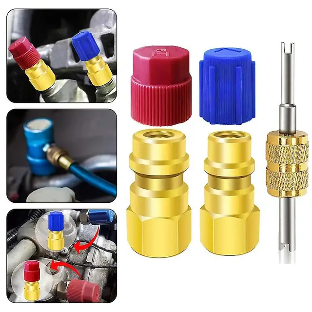 Set adaptor port R12 la R134a cu cuple, 1/4 SAE, metal si plastic, 2 capace colorate