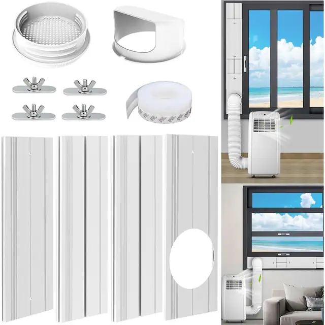 Kit de etansare pentru aer conditionat, Bedee, set de 4 placi de etansare pentru feronerie cu adaptor universal 13/15 cm, ajustabil, PVC, Alb