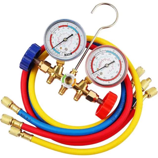 Set furtun agent frigorific, Set diagnostic AC Cu manometru, 90cm, cu valve de control, pentru freon R134A, R12, R22, R404A - 3 cai, cu 3 furtunuri incarcare