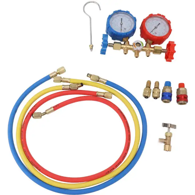 Manometru presiune climatizare, 3 cai, set cu furtunuri, 500 PSI, rosu-albastru-galben, 3x0.9m