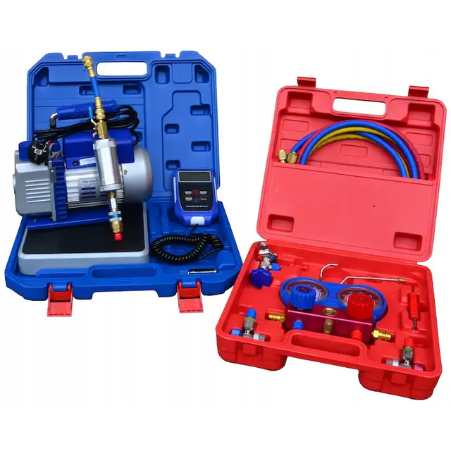Statie mobila de umplere pentru climatizare, AUTONA, set complet, manometre R22/R134/R12, pompa VP115, cantar electronic 50kg