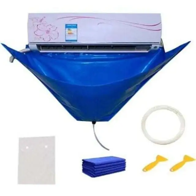Husa pentru curatare aer conditionat, sac de curatare impermeabil din Oxford dublu, cu furtun de evacuare si prinderi elastice, ajustabila pana la circumferinta 2.4 m (extensie 106 cm), albastru, 1 buc
