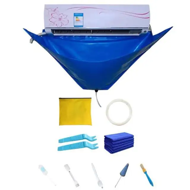 Set curatare pentru aer conditionat, husa impermeabila din PVC cu iesire de scurgere si placi de sustinere laterale, include 5 perii, furtun si 2 scule, Albastru, 1 set