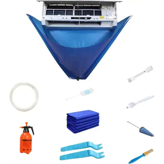 Kit curatare aer conditionat, husa protectie impermeabila din jacquard cu sigiliu PU, cu furtun de scurgere si prinderi elastice, reutilizabil, Albastru, 1 set, protectie pana la 42 inchi