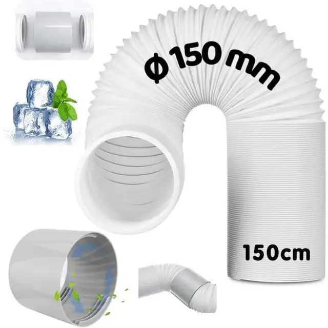 Furtun evacuare pentru aer conditionat portabil, cu adaptor universal si filet counter-clockwise, O150 mm, 150 cm, din polipropilena flexibil, Alb, 1 buc