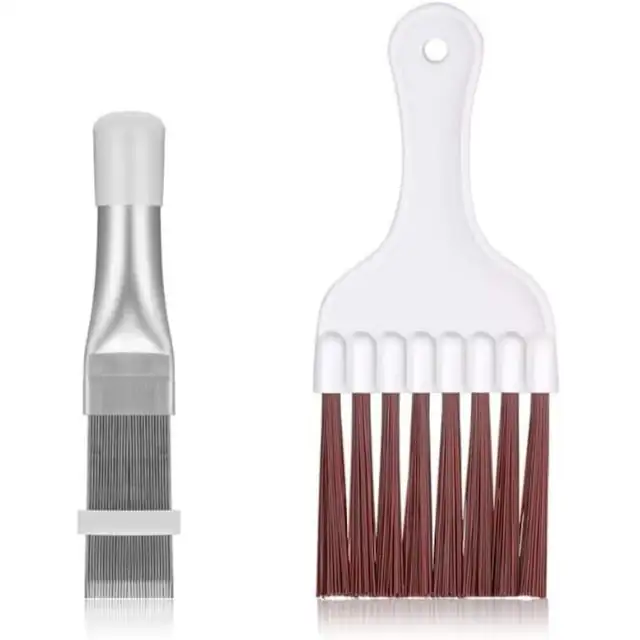 Set 2 perii/perie pentru curatare radiator si aer conditionat, din otel inoxidabil si plastic, flexibile, care nu deterioreaza aripioanele, alb/maro, 14.5x2.5 cm, 17.6x6.8 cm