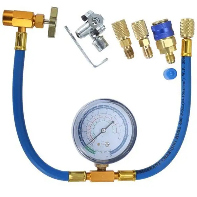 Furtun de incarcare/teava de incarcare R134a, cu manometru 2.75 in, compatibil R12/R22/R502, valva BPV31 si adaptoare 1/4-5/16, 19.68 in (50 cm), Albastru/cupru