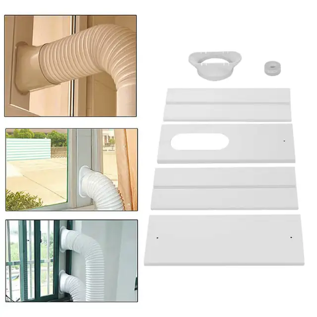 Kit ventilatie pentru aer conditionat mobil Universal, placa de etansare ajustabila, adaptor furtun 130/150mm, placi PVC rezistente la caldura, pentru usi glisante, Alb, 1 set