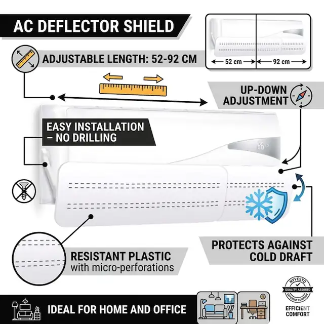 Deflector Aer Conditionat, Lungime Reglabila 52-92 cm, Protectie Flux Aer Rece, Ajustare Sus-Jos, Montaj Rapid Fara Gaurire, Plastic Rezistent, Alb, Pentru Casa si Birou