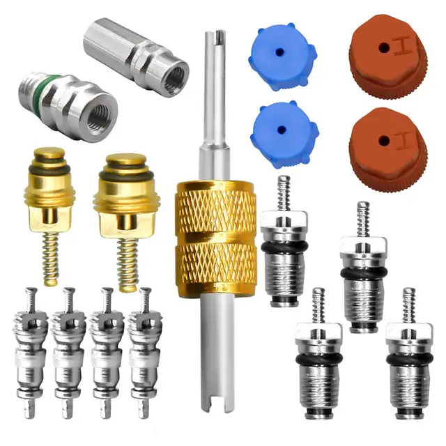 Kit miez supapa aer conditionat, inclusiv sistem de refrigerare A/C R134a, miez supapa orificiu de service AC, capac de etansare si instrument de indepartare a miezului supapa A/C