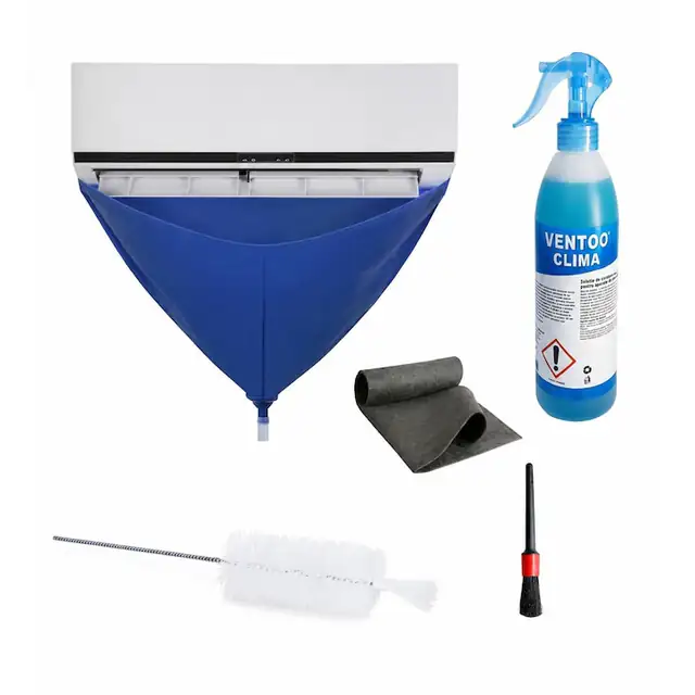 Kit complet Ventoo® pentru curatare si igienizare aparat de aer conditionat, husa de scurgere cu furtun, perie si laveta incluse, solutie pentru curatare si dezinfectare, eliminarea mirosurilor neplacute, 500 ml