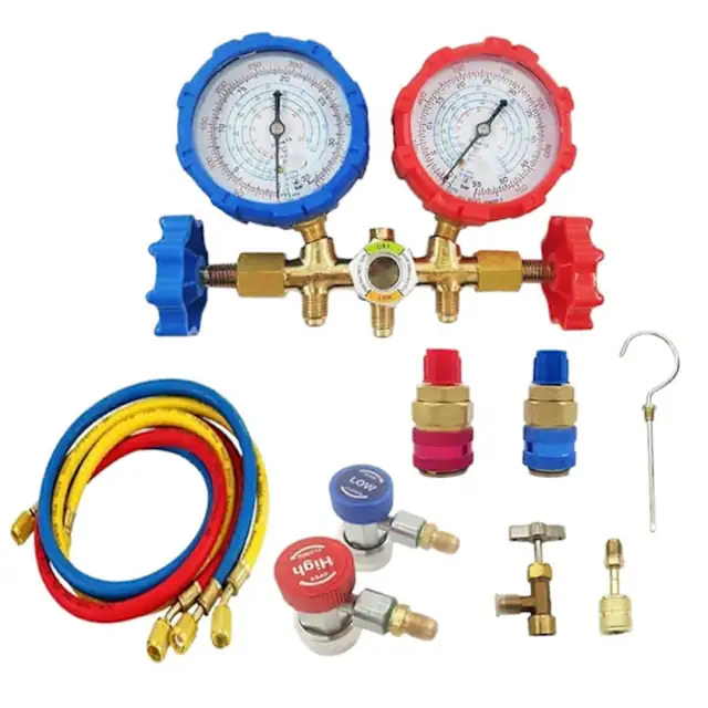 Set unelte pentru refrigerare, manometre R134A R32 R410, 3 furtunuri colorate, 2 cai, alama