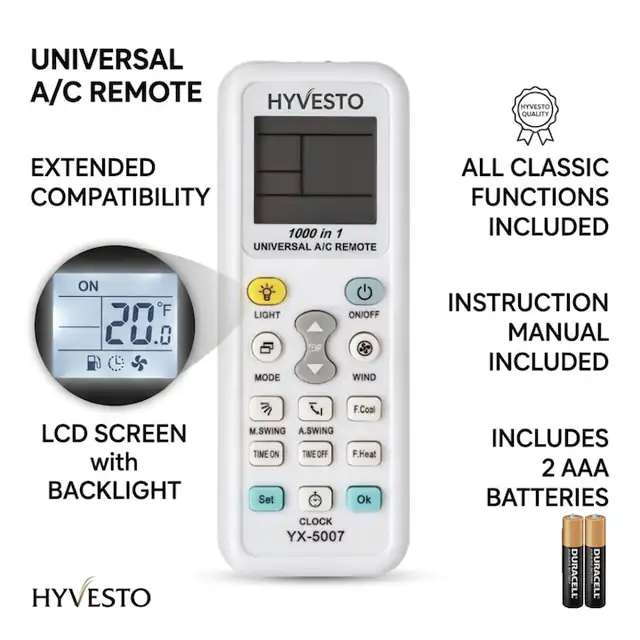 Telecomanda Universala pentru Aer Conditionat, Compatibilitate Extinsa, Ecran LCD cu Iluminare de Fundal (Backlight), Toate Functiile Clasice Incluse, Manual de Instructiuni, Include 2 Baterii AAA, Alb