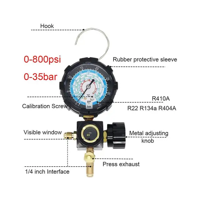 Set 2 bucati, Manometru presiune low side pentru aer conditionat, compatibil R410A/R22/R134a/R404A, 0-800 psi/0-35 bar, filet G1/4, Negru