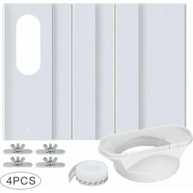 Kit ventilatie pentru aer conditionat portabil, placa de etansare fereastra reglabila din PVC intarit, conector universal 13/15 cm, Alb, 4 piese, 43-150 cm