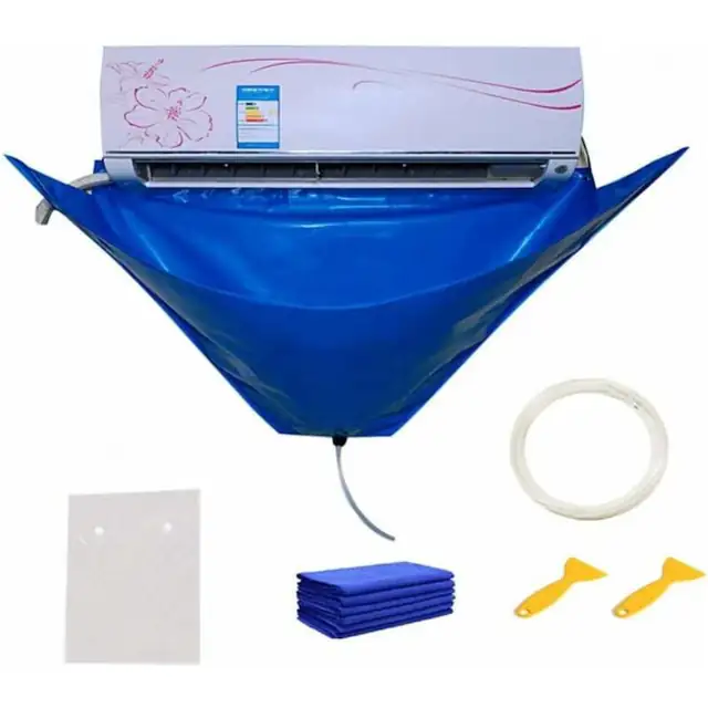 Husa/prelata pentru curatare aer conditionat 130x60 cm, material oxford impermeabil dublu, iesire apa externa cu furtun, fixare elastica, albastru, 1 set