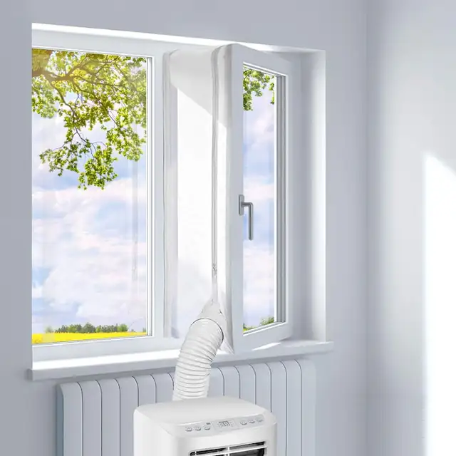 Husa de etansare fereastra pentru aer conditionat portabil, banda de izolare universala, din material PU rezistent la apa si UV, cu Velcro pentru instalare rapida, Alb, 300 cm, 1 buc