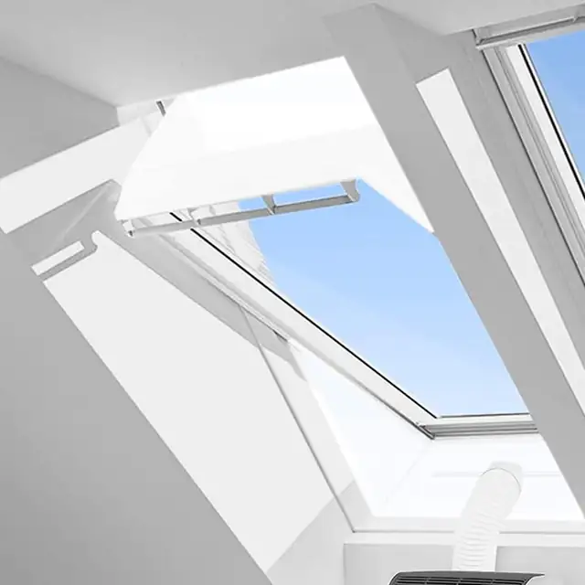 Garnitura etansare W pentru aer conditionat portabil, sigiliu pentru ferestre inclinate, cu 2 orificii cu fermoar pentru furtun, banda adeziva inclusa, rezistent UV si impermeabil, alb, 230 cm x 2