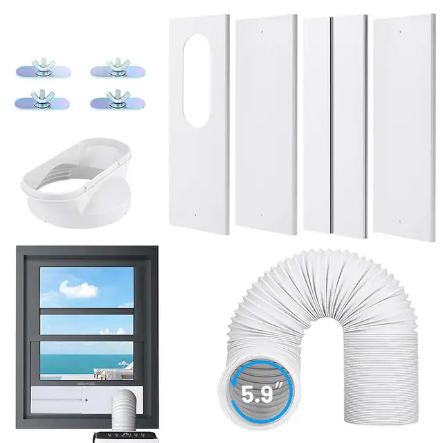 Kit placa de etansare pentru aer conditionat portabil, kit de ventilatie universal, etansare completa, reglabil 43-140 cm pentru furtun 13/15 cm, alb, 5 piese
