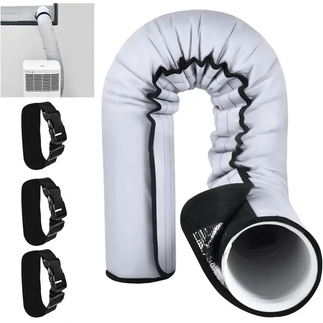 Manson izolant/husa pentru furtun aer conditionat, compatibil diametru 5 inchi/6 inchi (12,7/15,2 cm), 3 straturi folie aluminiu, fetru si material impermeabil, montaj rapid cu Velcro dublu si 3 chingi reglabile, lavabil si reutilizabil, Alb, 152 x 56 cm