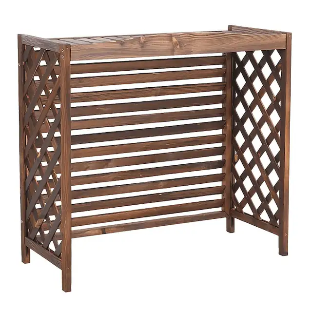 Suport/husa pentru unitate de aer conditionat exterior din lemn masiv, impermeabil si rezistent la soare, design cu lamele pentru drenaj si ventilatie, dublu rol ca suport de flori si etajera, Maro natural, 85x35x75 cm