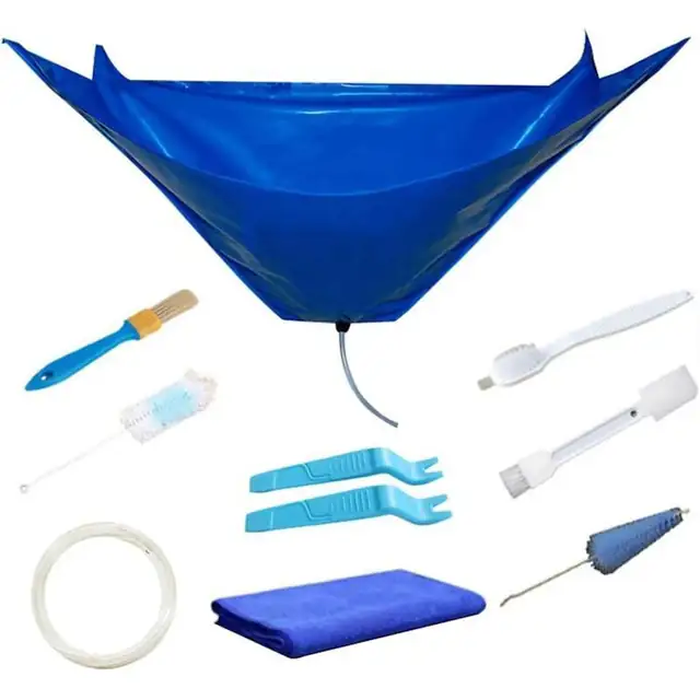 Husa de curatare pentru aer conditionat split, set complet cu accesorii, PVC impermeabil cu cusaturi etanse, cu sistem de scurgere si furtun, extensibila pana la 92 cm, Albastru, 1 set