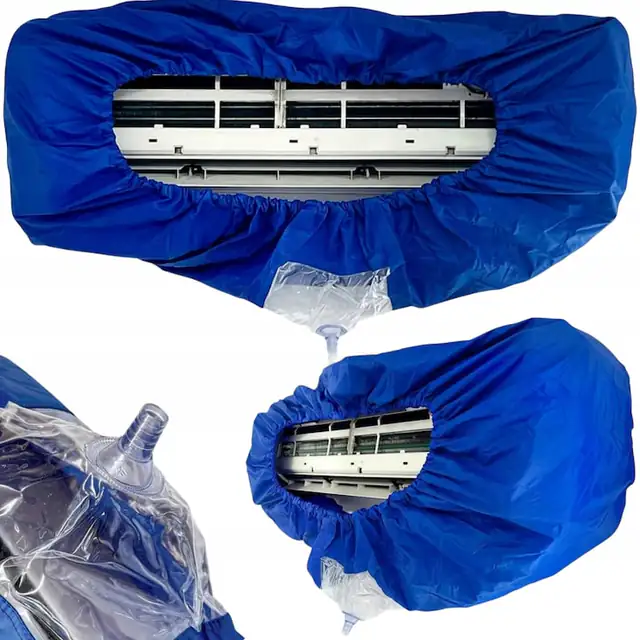 Husa protectie pentru curatare aer conditionat split BNTrade, reglabila 75-130 cm, impermeabila, cu sac colector si orificiu de scurgere, albastru