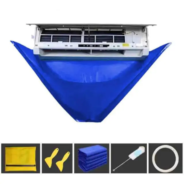 Husa de curatare si protectie pentru aer conditionat, sac de protectie, cu orificiu de ventilatie si panou posterior dublu pentru colectare praf, pvc, albastru, 130x60 cm, set 1 buc (husa, capac, furtun, laveta, perie, raclete)