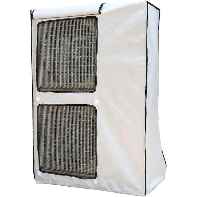 Husa pentru unitate exterioara aer conditionat, 600D Oxford dublu strat, cu doua orificii de ventilatie si cortina frontala reglabila, Bej, 1 buc.