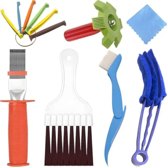 Set 7 piese, Kit de curatare pentru aer conditionat si electrocasnice, pieptene otel inoxidabil, perii moi si laveta din microfibra, Multicolor