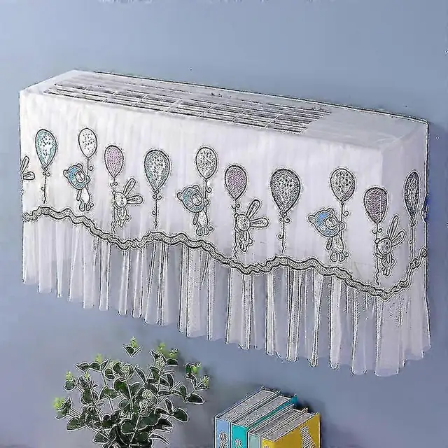 Husa/Protector antipraf pentru aer conditionat, Model Urs si Iepure cu Baloane Mov-Albastru, cu plasa respirabila utilizabila la pornire, protectie 360° anti-praf si dantela decorativa, potrivita pentru unitati de perete pana la 94 cm, Multicolor, 1 buc