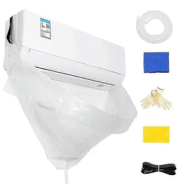 Husa pentru curatare aer conditionat, folie de protectie (sac) impermeabila din PVC cu margini laminate duble, include furtun de scurgere 3 m, manusi si 20 plasturi adezivi, transparent, Set complet
