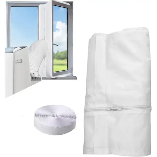 Banda de etansare pentru fereastra / protector fereastra, compatibila cu toate aparatele de aer conditionat si uscatoare portabile, instalare fara gaurire, cu fermoar si banda adeziva, alb, 400 cm