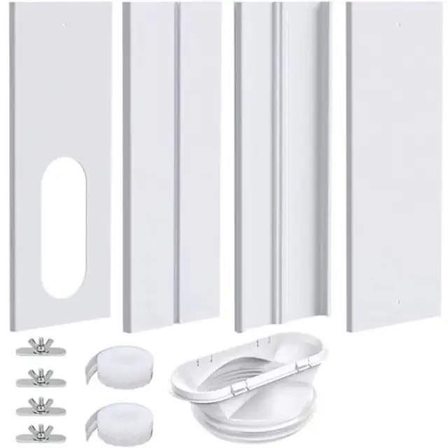 Kit fereastra pentru aer conditionat portabil, adaptor 2-in-1 compatibil cu furtun diametru 5.1/5.9 inch, 4 panouri, duza plata cu sistem de blocare pentru etansare, Alb, 1 set
