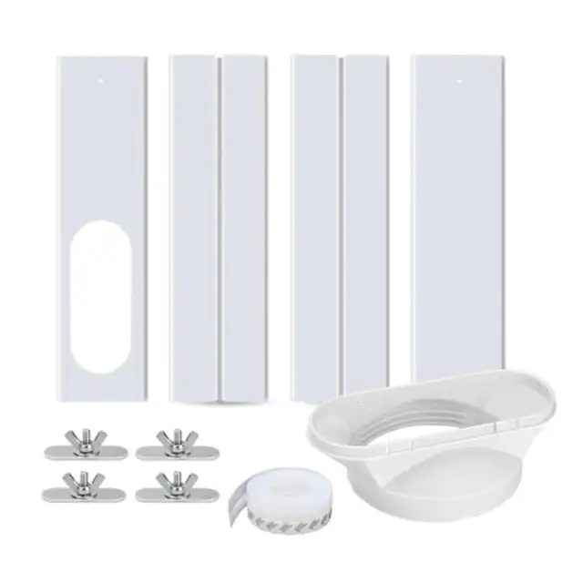 Kit panou pentru geam aer conditionat portabil universal, panou PVC reglabil 43-140 cm, pentru tub evacuare 13cm/15cm, Alb, set 4 panouri cu adaptor, banda de etansare si suruburi