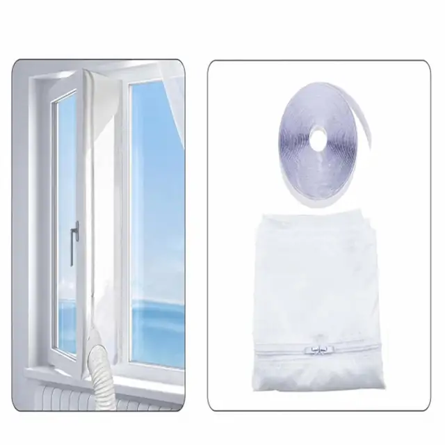 Panza de etansare pentru aer conditionat portabil, din fibra sintetica moale, dubla deschidere pentru furtun de evacuare, reglabila 5m/4m/3m, include banda Velcro, Alb, 1 set