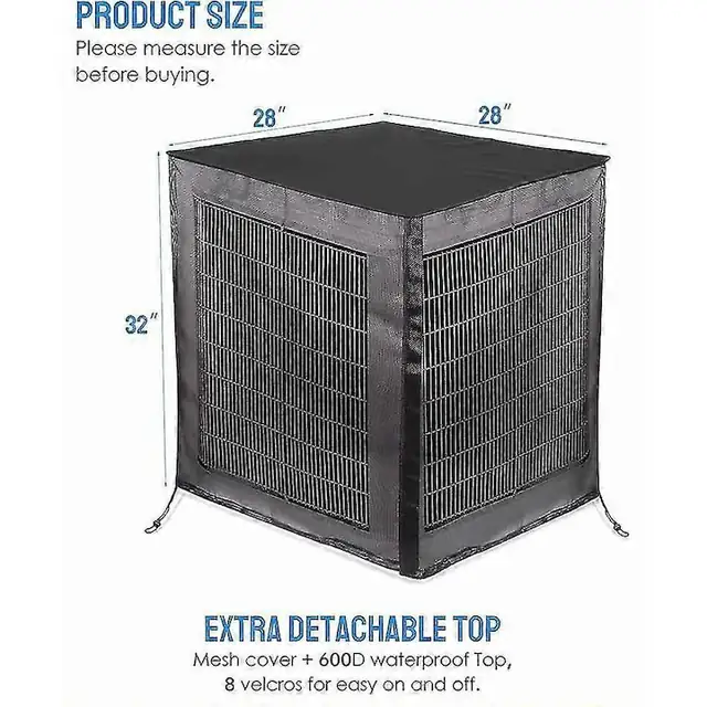 Husa/coprire pentru unitate externa aer conditionat, cu top detasabil impermeabil 600D oxford, design full mesh respirabil, deschidere laterala cu velcro pentru tevi si cabluri, negru, 28 x 28 x 32 inch