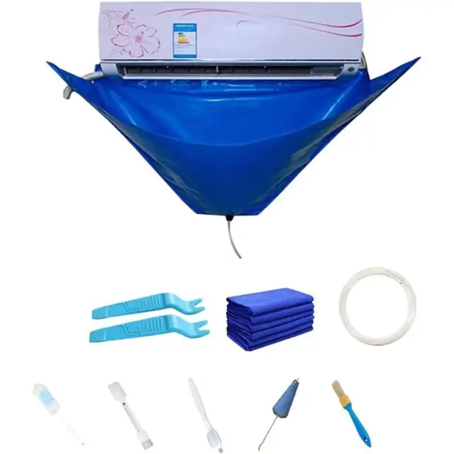 Husa de curatare pentru aer conditionat universala, sac pentru spalare si protectie anti-praf, din material oxford impermeabil dublu fata, cu tub de drenaj 2,4 m si elasticitate pana la 106 cm (potrivit pana la 1.5 CP), albastru, set 10 piese, 135 x 60 cm