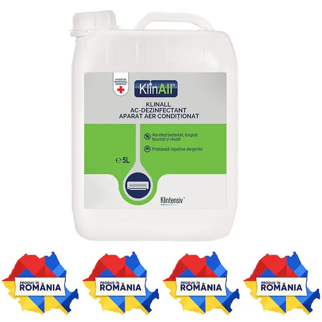 Dezinfectant pentru Aer Conditionat KlinAll Klintensiv, solutie gata de utilizare, bactericida, fungicida, levuricida, micobactericida si virucida, pentru unitati interioare A/C, 5 L, 4x Stickere auto