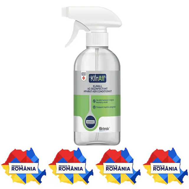 Dezinfectant pentru Aer Conditionat KlinAll Klintensiv, solutie gata de utilizare, bactericida, fungicida, levuricida, micobactericida si virucida, pentru unitati interioare A/C, 1 L, 4x Stickere