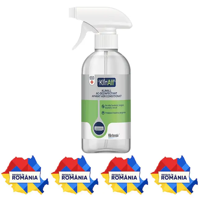 Dezinfectant pentru Aer Conditionat KlinAll Klintensiv, solutie gata de utilizare, bactericida, fungicida, levuricida, micobactericida si virucida, pentru unitati interioare A/C, 500 ml, 4x Stickere