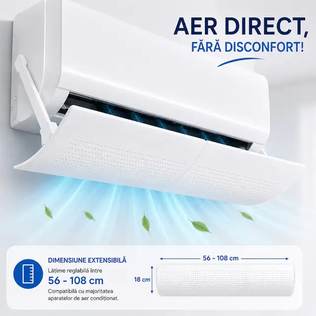 Deflector Aer Conditionat Universal, Extensibil 56-108 cm, Unghi Reglabil, Accesorii Montaj Incluse, Alb