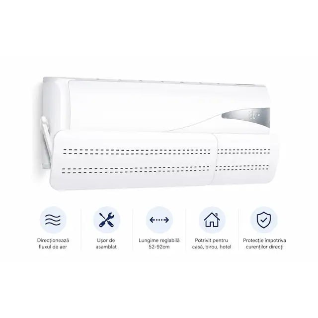 Deflector Aer Conditionat Reglabil VARENTIS™, Alb, 52-92 cm, Protector Flux Aer, Evita Curentii Directi, Montaj Rapid, pentru AC Casa si Birou