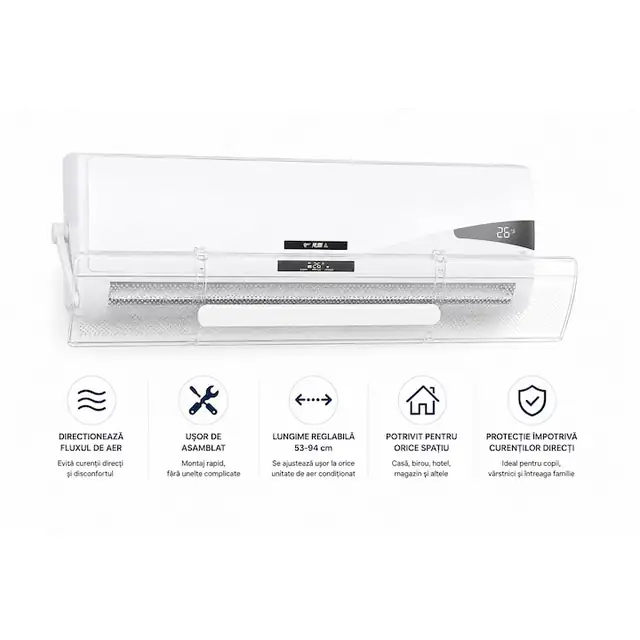 Deflector Aer Conditionat Reglabil VARENTIS™, Transparent, 53-94 cm, Protector Flux Aer, Evita Curentii Directi, Montaj Rapid, pentru AC Casa si Birou