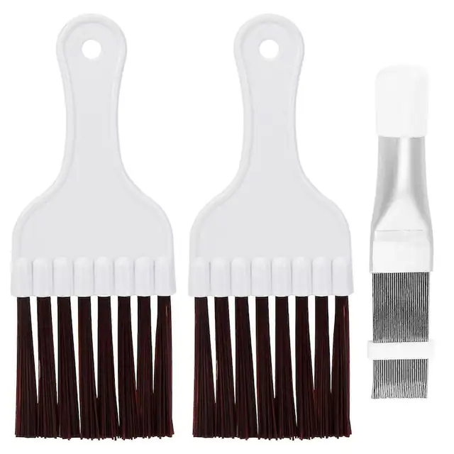 Set 3 perii curatare radiatoare aer conditionat, metal, 18x7.5cm si 14.5x2.5cm, argintiu-alb-maro