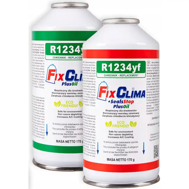 Gas refrigerant, Fixclima, R1234yf, 170g, umplere sistem aer conditionat, agent de etansare, usor de utilizare, ecologic, sigur pentru mediu, lubrifiant sintetic, etansare, lubrifiere, umplere, kit 2 piese, Multi-color, benzina pentru alimentarea aerului