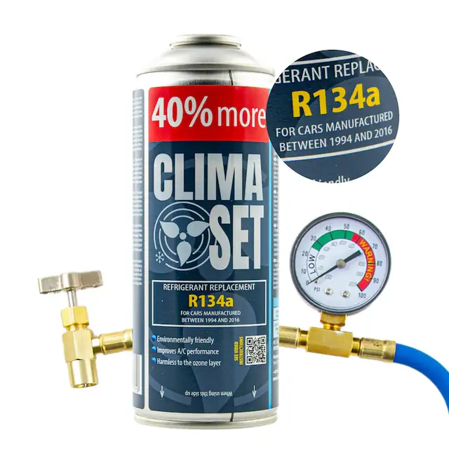 Set ClimaSet R134a 235g cu furtun si manometru, pentru umplerea rapida a aerului conditionat auto, Multicolor